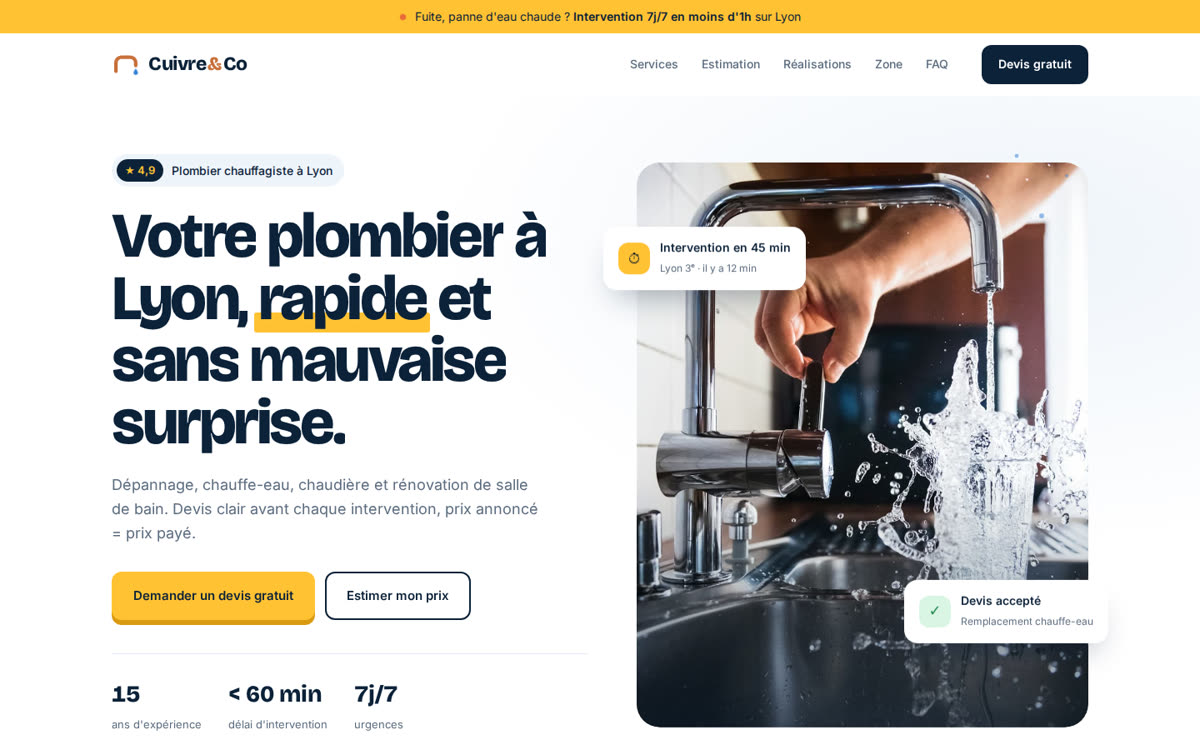 Aperçu du site de l'artisan plombier Cuivre et Co